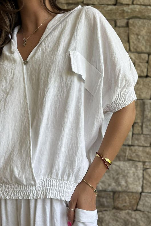 Basso Button Drape Cap Sleeve Shirt White